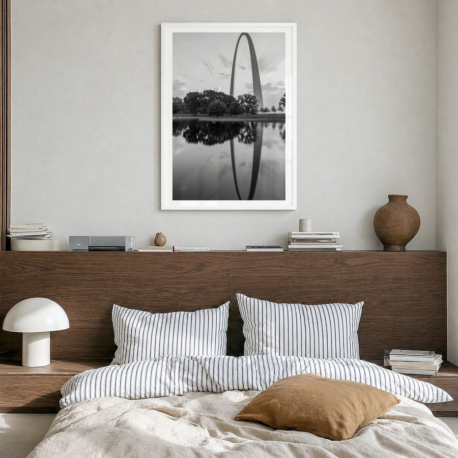 St. Louis Photo No 2 Poster in a white wood frame, hanging in a bedroom, white border