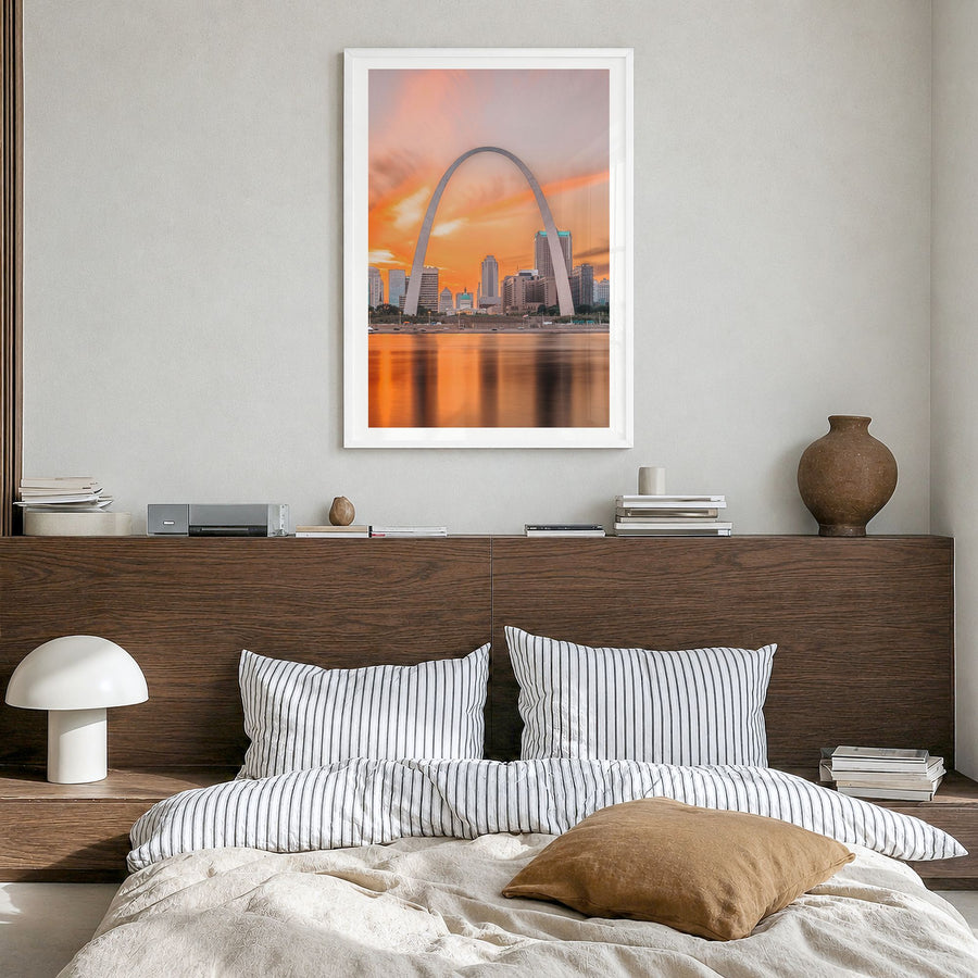 St. Louis Photo No 1 Poster in a white wood frame, hanging in a bedroom, white border