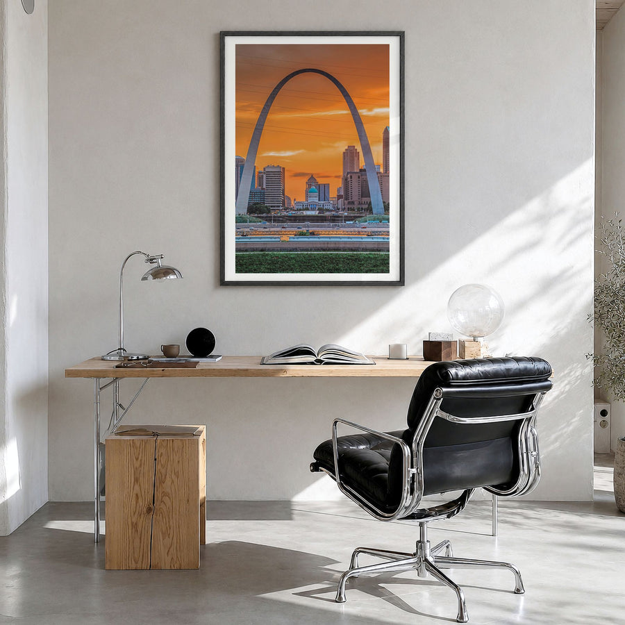 St. Louis Photo No 2 Poster in a black wood frame, hanging in a bright home office, white border