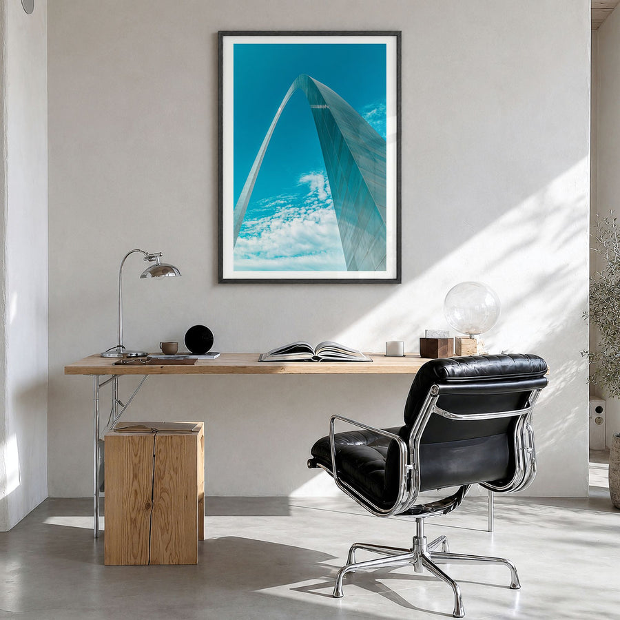 St. Louis Photo No 3 Poster in a black wood frame, hanging in a bright home office, white border