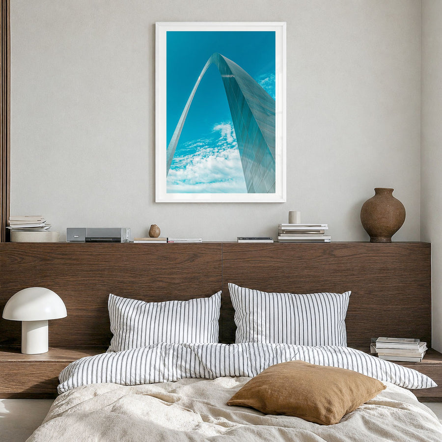 St. Louis Photo No 3 Poster in a white wood frame, hanging in a bedroom, white border