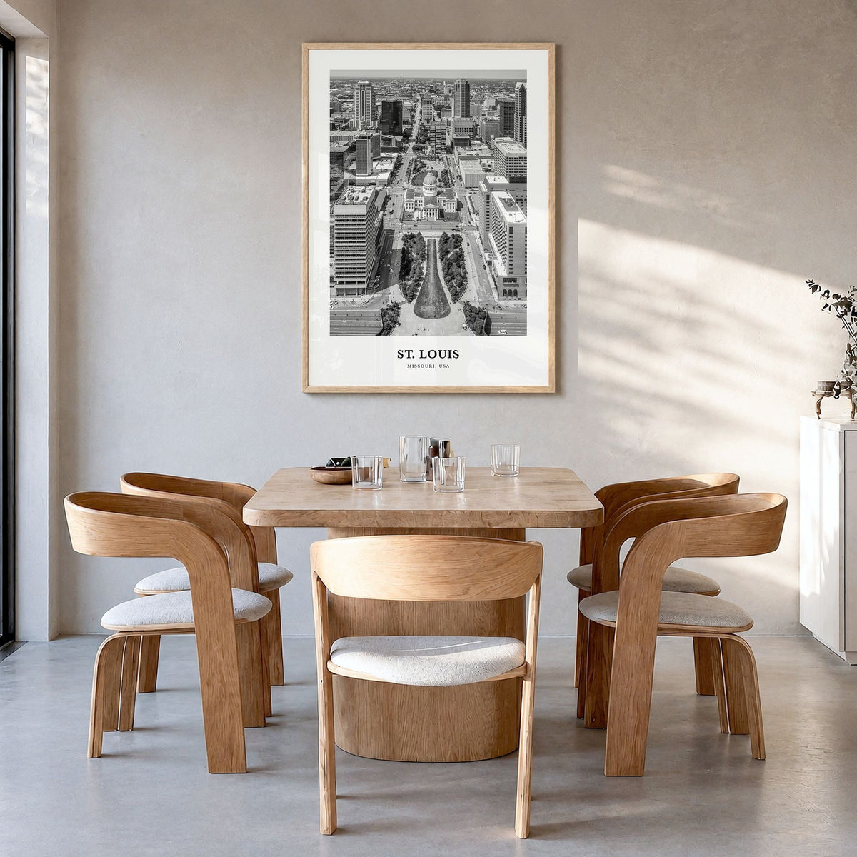 St. Louis Classic No 2 Poster in a natural wood frame, hanging in a dining room