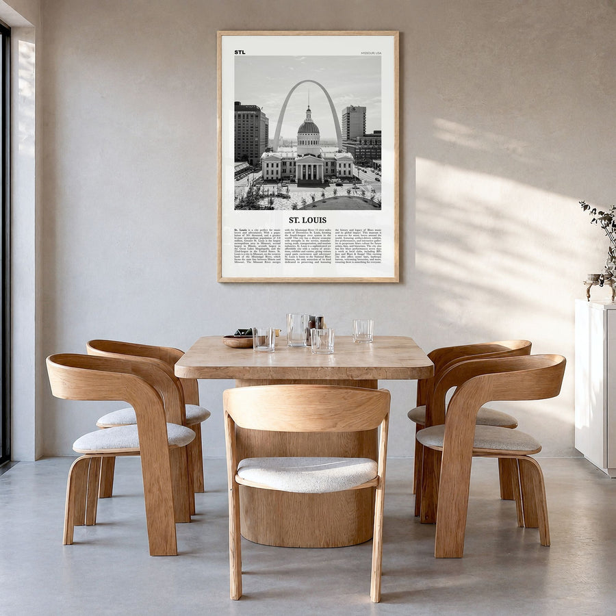 St. Louis Newspaper No 1 Poster in a natural wood frame, hanging in a dining room