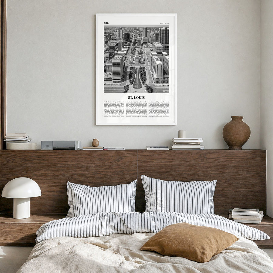 St. Louis Newspaper No 2 Poster in a white wood frame, hanging in a bedroom