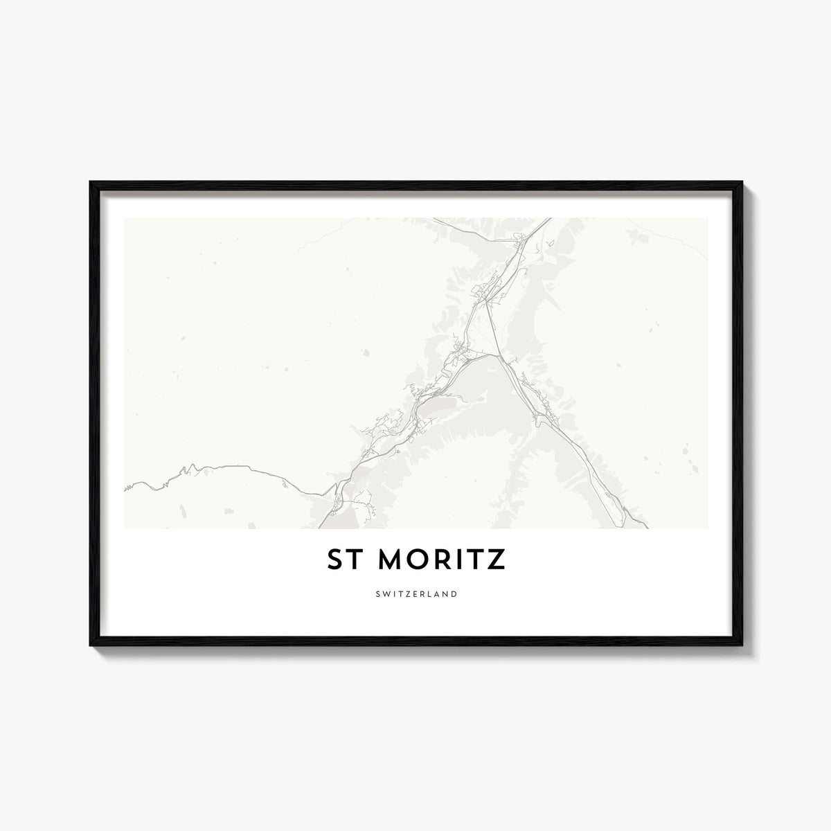 St. Moritz black & white map poster of Switzerland – horizontal wall art, unframed print shown in interior mockup