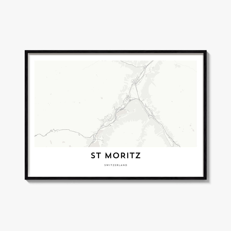 St. Moritz black & white map poster of Switzerland – horizontal wall art, unframed print shown in interior mockup