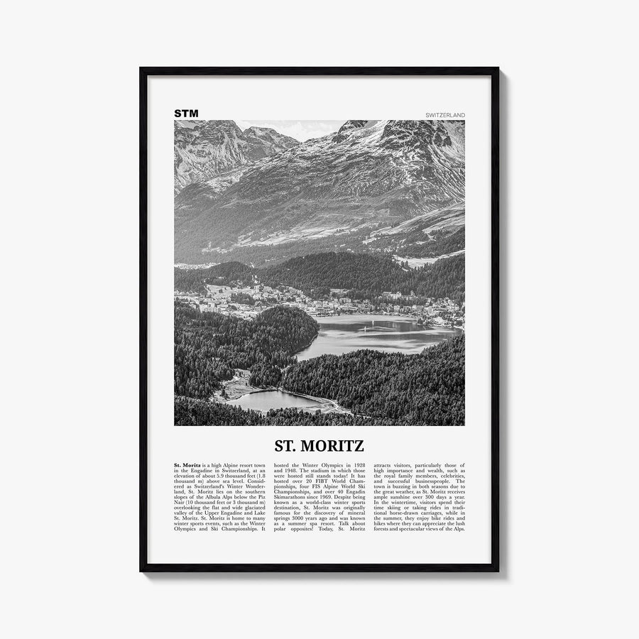 St. Moritz black & white newspaper poster of Switzerland – vertical wall art, unframed print shown in interior mockup