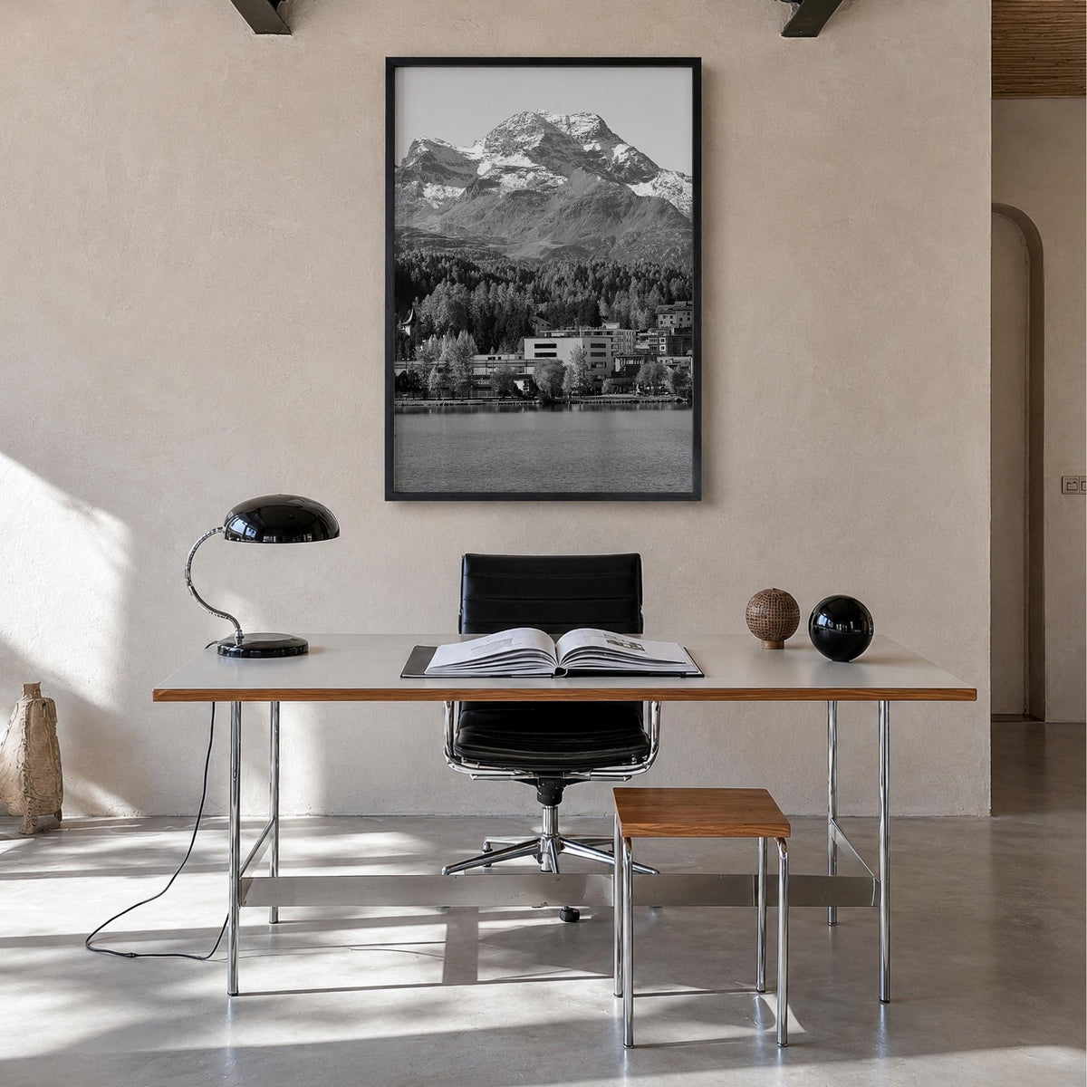 St. Moritz black & white photo poster of Switzerland – vertical wall art in black wood frame, hanging on wall