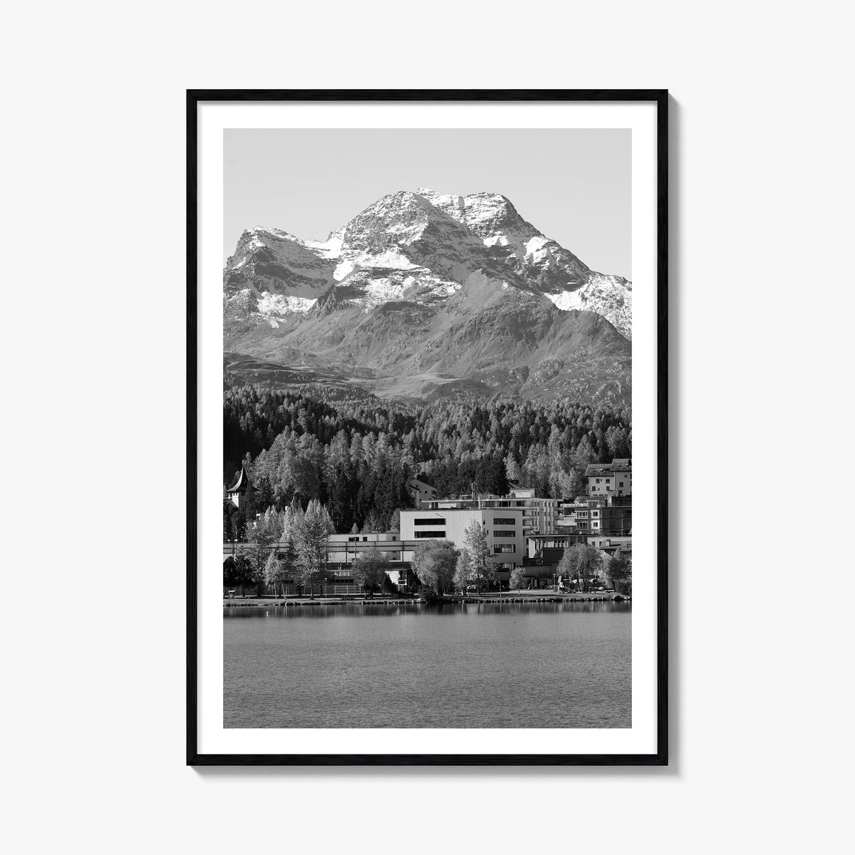 St. Moritz black & white photo poster of Switzerland – vertical wall art, unframed print shown in interior mockup
