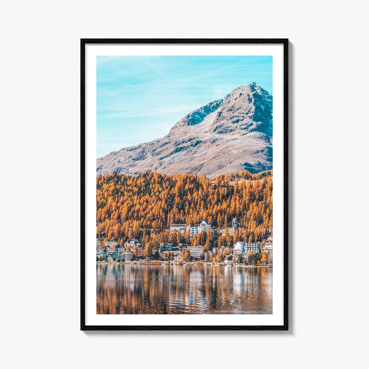 St. Moritz colorful photo poster of Switzerland – vertical wall art, unframed print shown in interior mockup