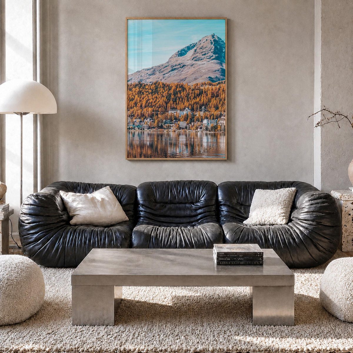 St. Moritz colorful photo poster of Switzerland – vertical wall art in natural wood frame, hanging on wall