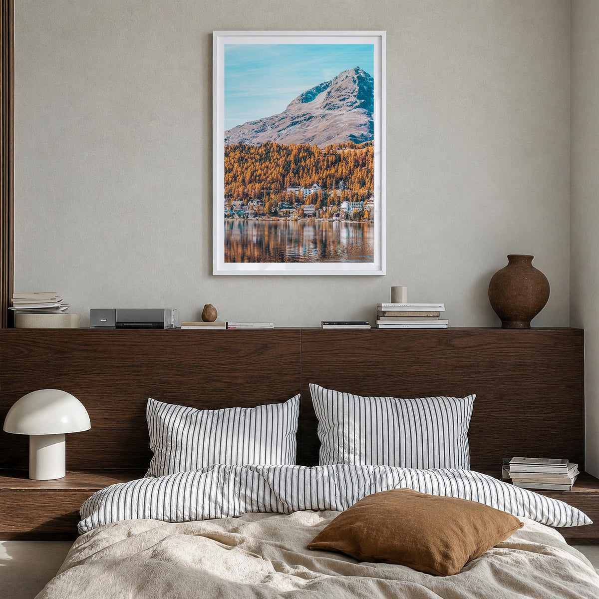 St. Moritz colorful photo poster of Switzerland – vertical wall art in white wood frame with white border, hanging on wall