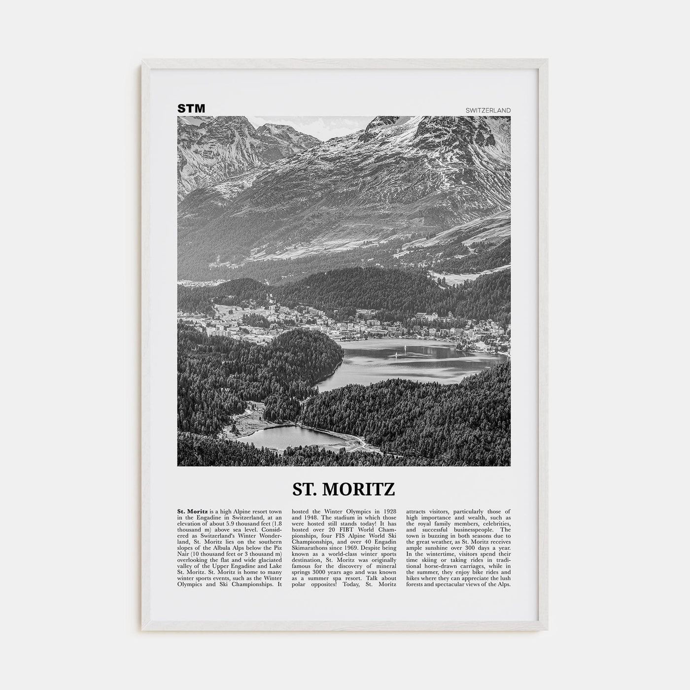 St. Moritz Poster White Wood / 8x12 in Nbourhood Travel B&W Poster