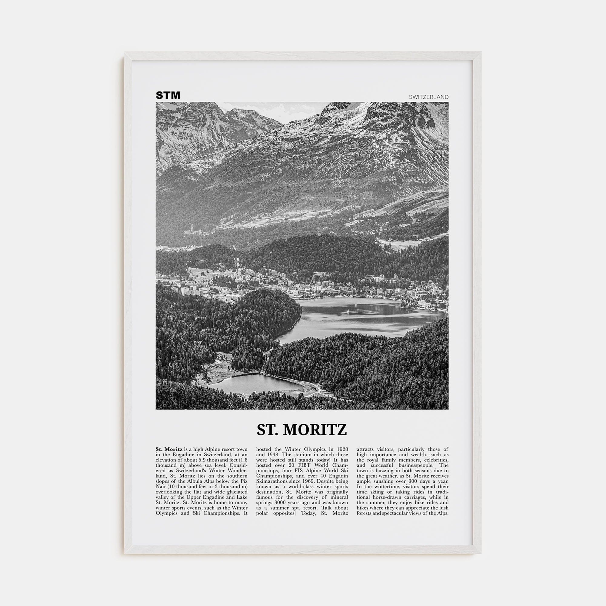 St. Moritz Poster White Wood / 8x12 in Nbourhood Travel B&W Poster