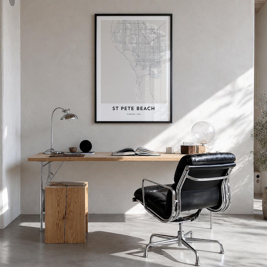 St. Pete Beach black & white map poster of Florida, USA – vertical wall art in black wood frame, hanging on wall