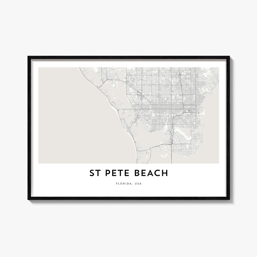 St. Pete Beach black & white map poster of Florida, USA – horizontal wall art, unframed print shown in interior mockup