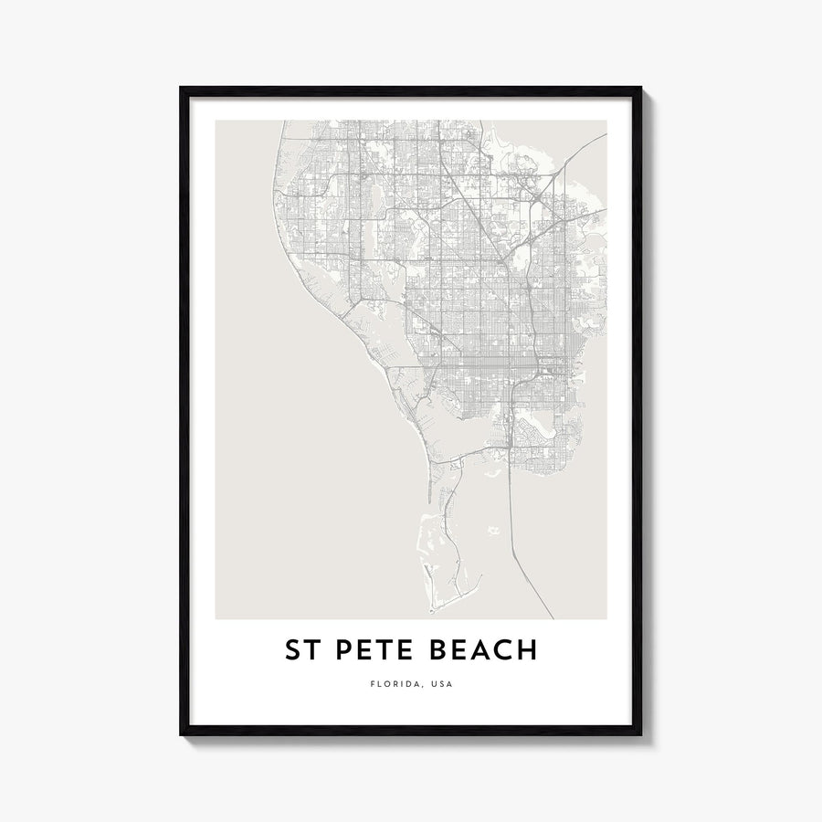 St. Pete Beach black & white map poster of Florida, USA – vertical wall art, unframed print shown in interior mockup