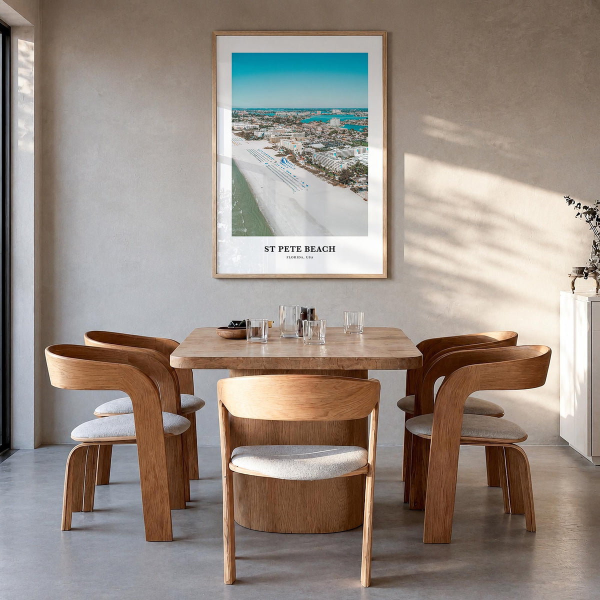 St. Pete Beach colorful classic poster of Florida, USA – vertical wall art in natural wood frame, hanging on wall