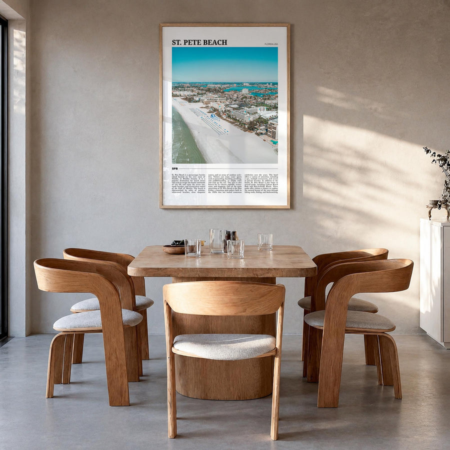 St. Pete Beach colorful travel poster of Florida, USA – vertical wall art in natural wood frame, hanging on wall