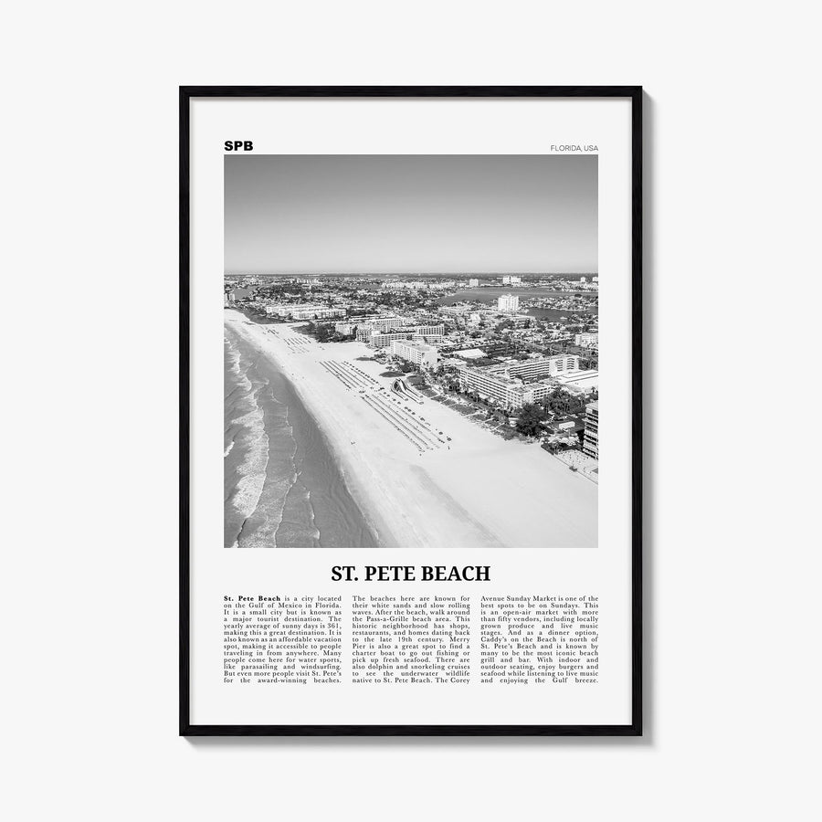 St. Pete Beach no. 1 black & white newspaper poster of Florida, USA – vertical wall art, unframed print shown in interior moc