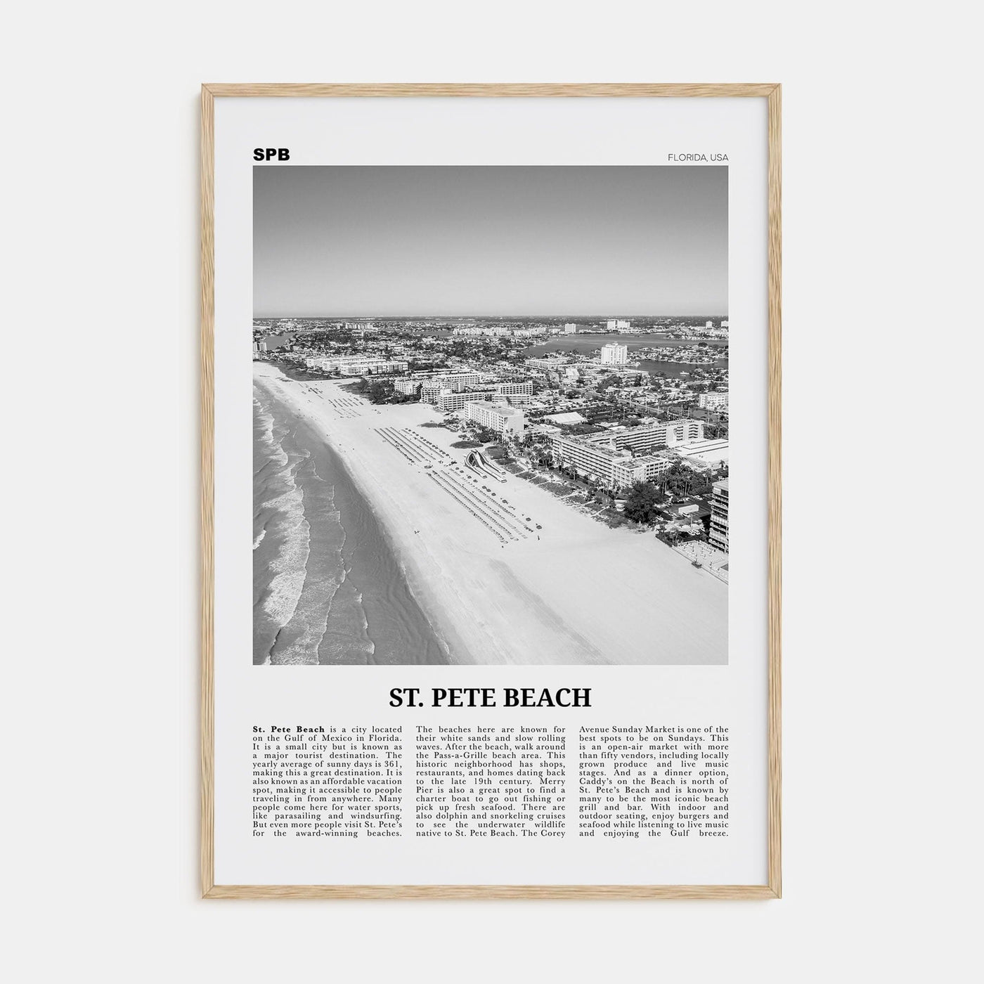 St. Pete Beach No 1 Poster Natural Wood / 8x12 in Nbourhood Travel B&W Poster