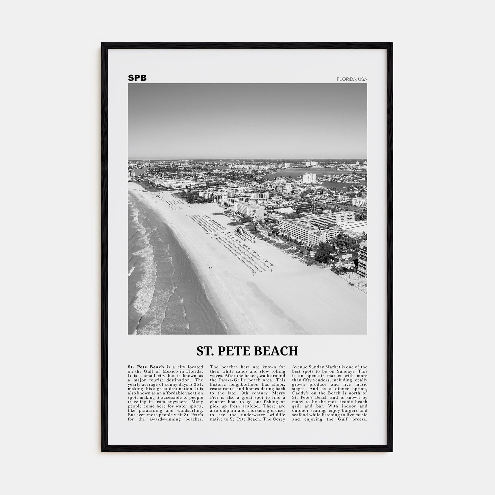 St. Pete Beach No 1 Poster Black Wood / 8x12 in Nbourhood Travel B&W Poster