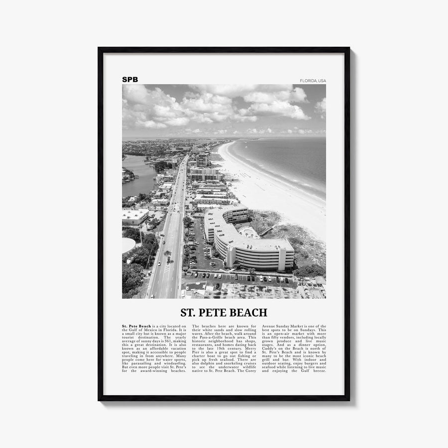 St. Pete Beach no. 2 black & white newspaper poster of Florida, USA – vertical wall art, unframed print shown in interior moc