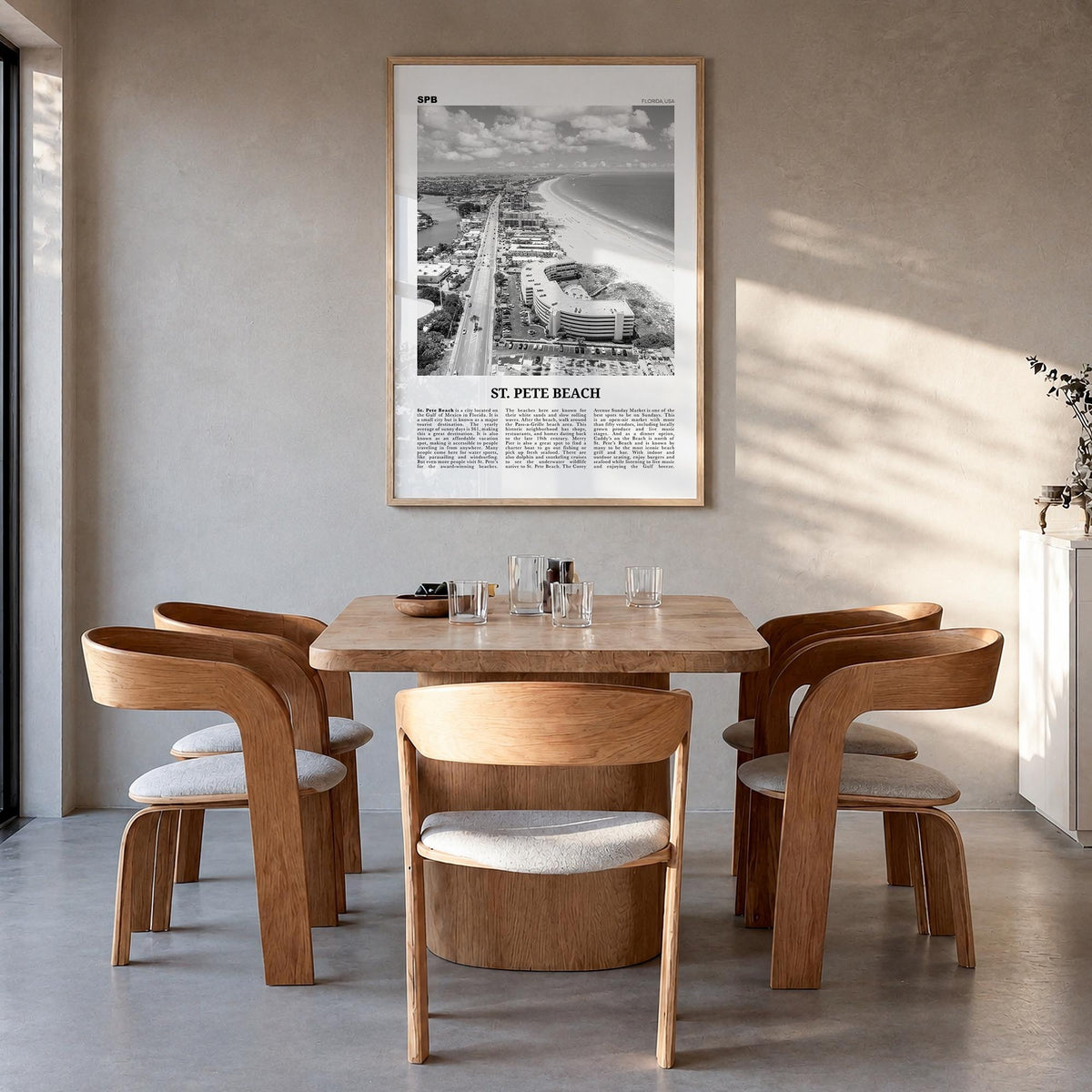 St. Pete Beach no. 2 black & white newspaper poster of Florida, USA – vertical wall art in natural wood frame, hanging on wal