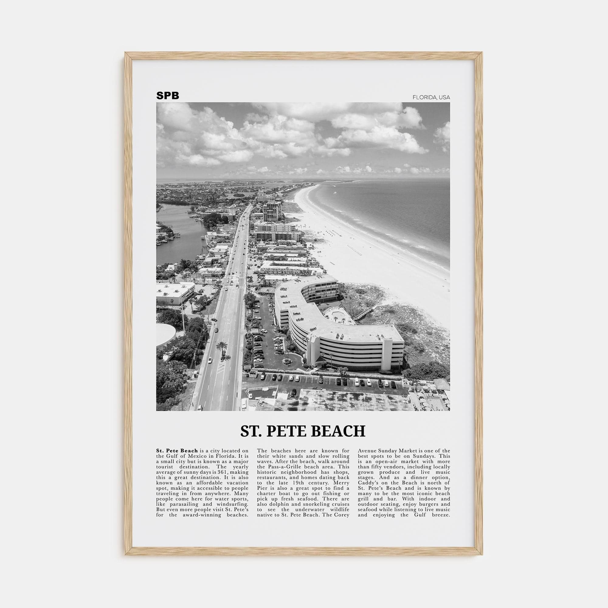 St. Pete Beach No 2 Poster Natural Wood / 8x12 in Nbourhood Travel B&W Poster