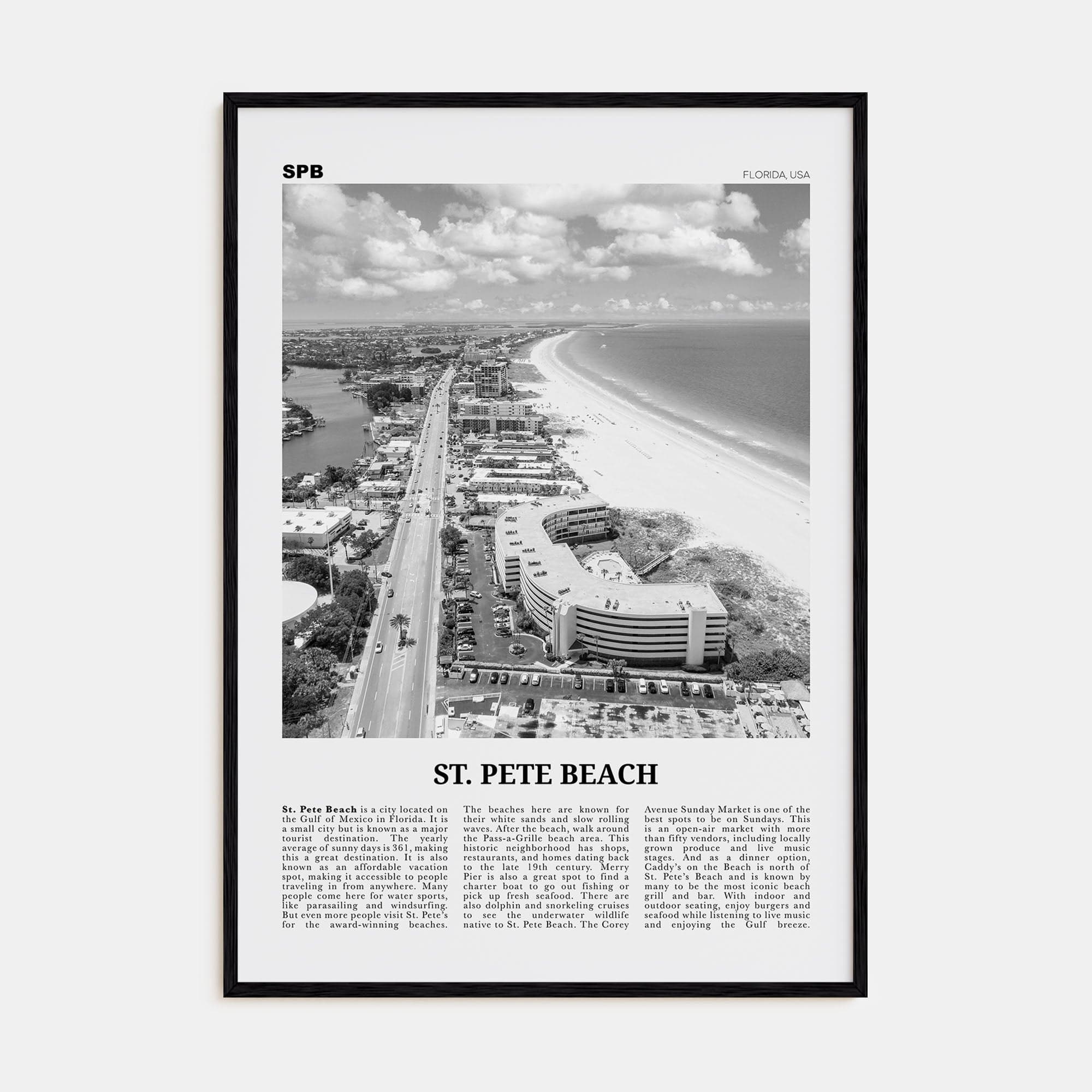 St. Pete Beach No 2 Poster Black Wood / 8x12 in Nbourhood Travel B&W Poster