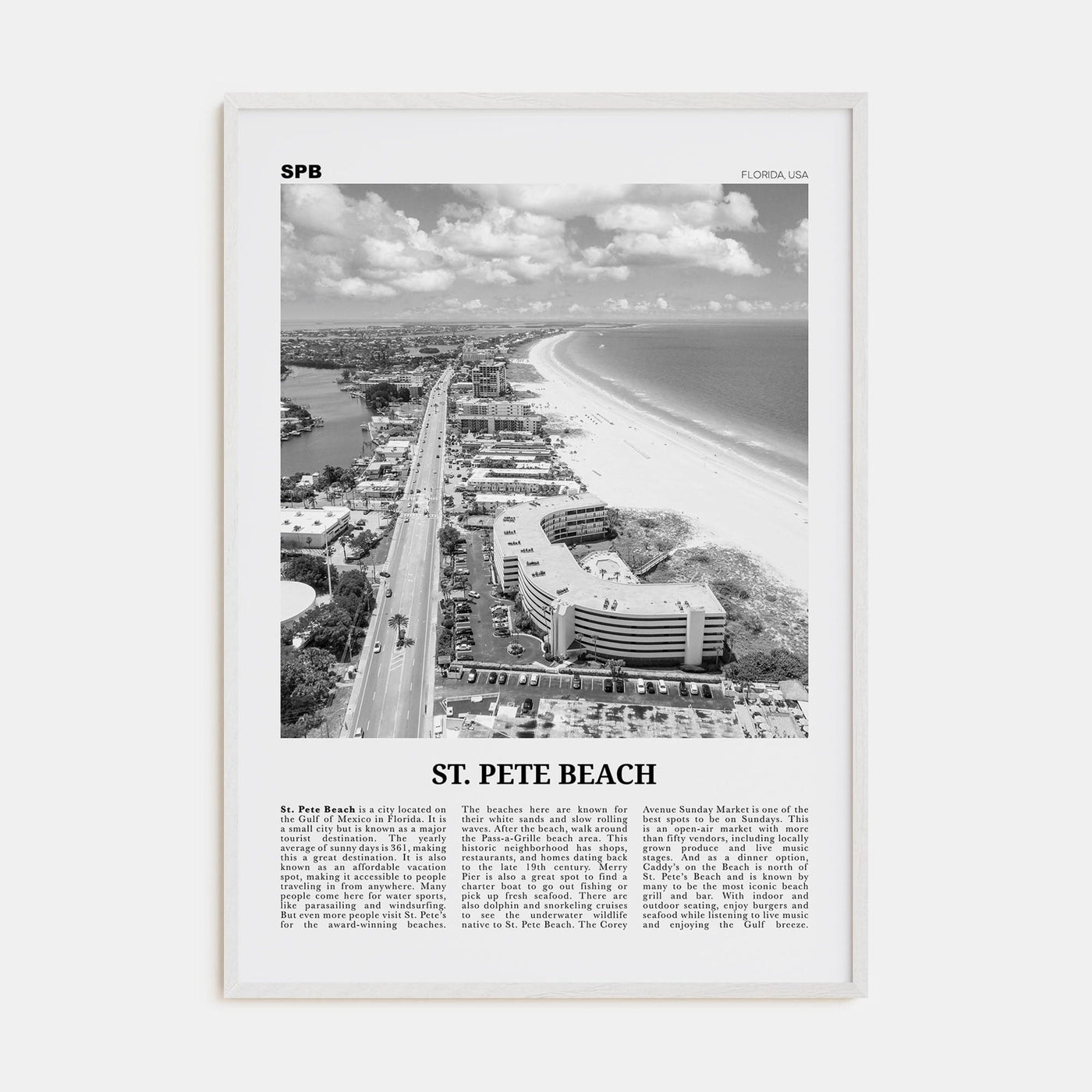 St. Pete Beach No 2 Poster White Wood / 8x12 in Nbourhood Travel B&W Poster