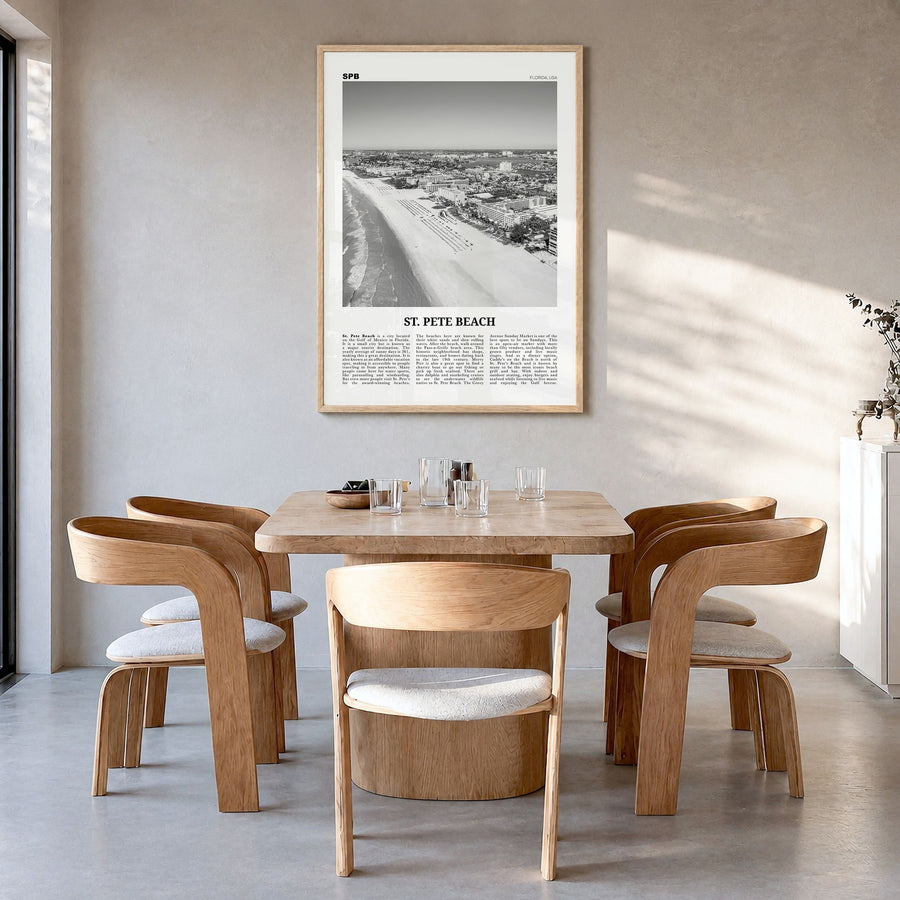 St. Pete Beach Newspaper No 1 Poster in a natural wood frame, hanging in a dining room