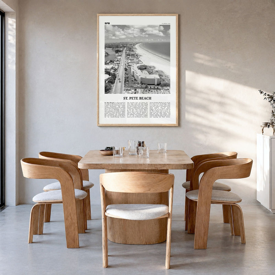 St. Pete Beach Newspaper No 2 Poster in a natural wood frame, hanging in a dining room