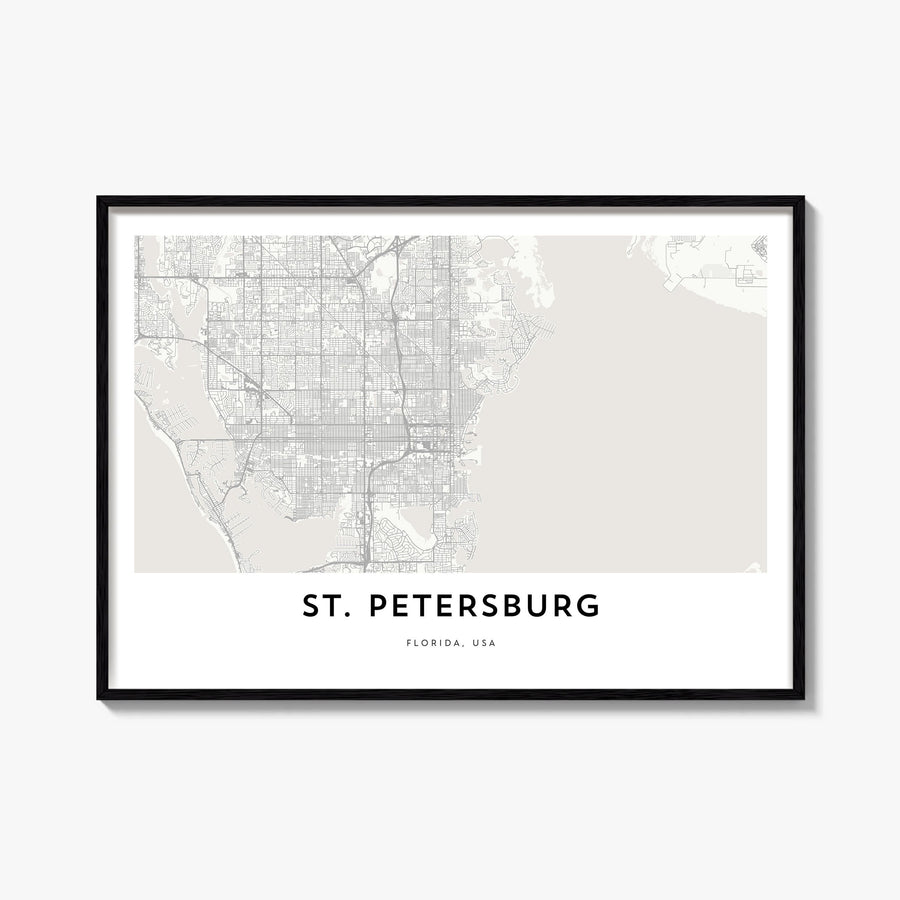 St. Petersburg, Florida black & white map poster of Florida, USA – horizontal wall art, unframed print shown in interior mock