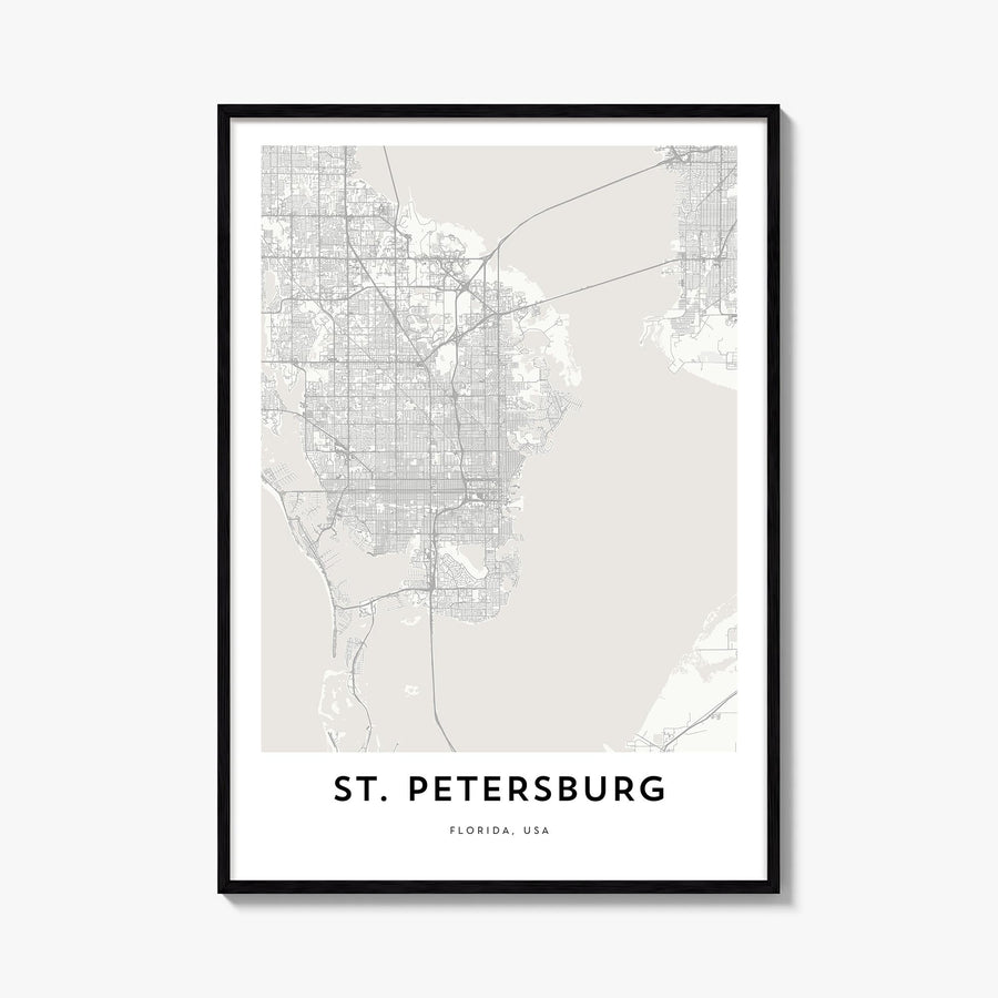 St. Petersburg, Florida black & white map poster of Florida, USA – vertical wall art, unframed print shown in interior mockup