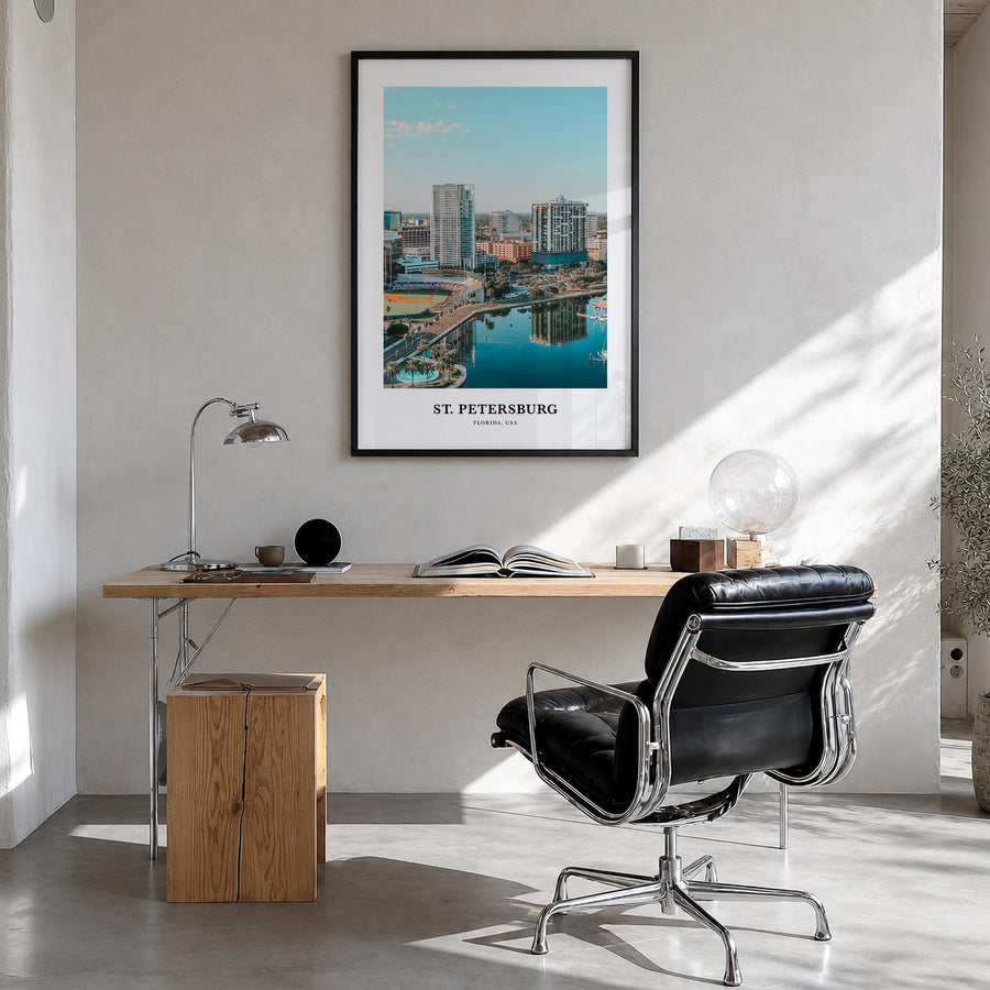 St. Petersburg, Florida colorful classic poster of Florida, USA – vertical wall art in black wood frame, hanging on wall