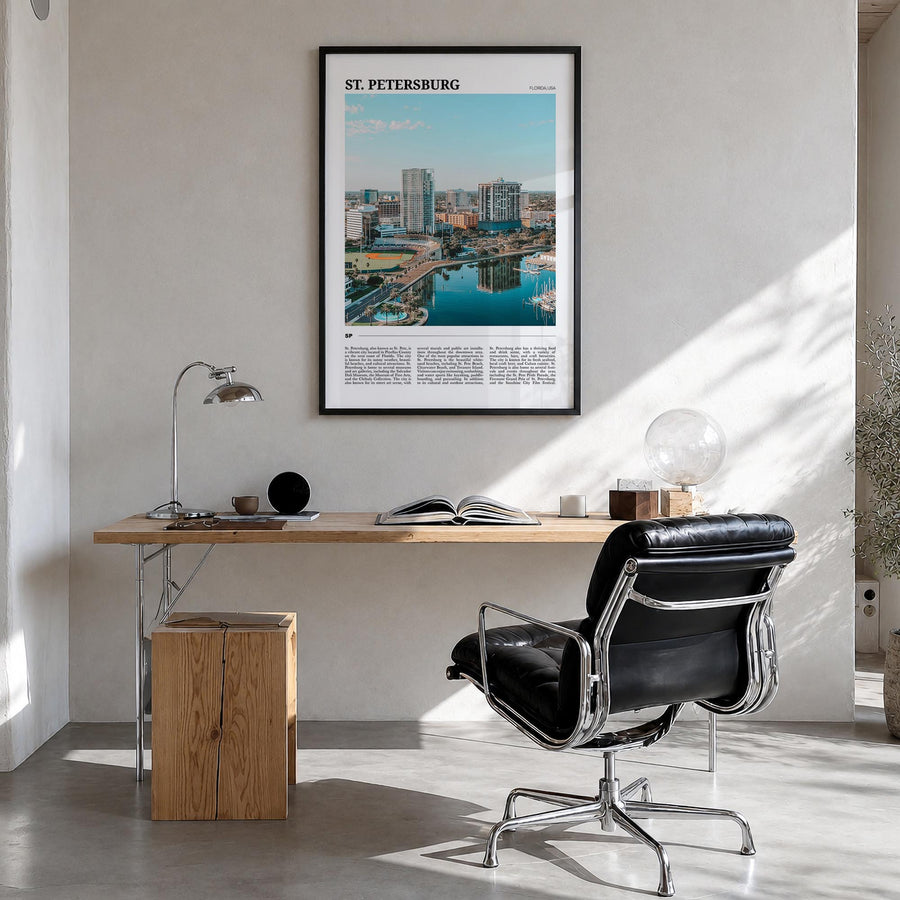 St. Petersburg, Florida colorful travel poster of Florida, USA – vertical wall art in black wood frame, hanging on wall