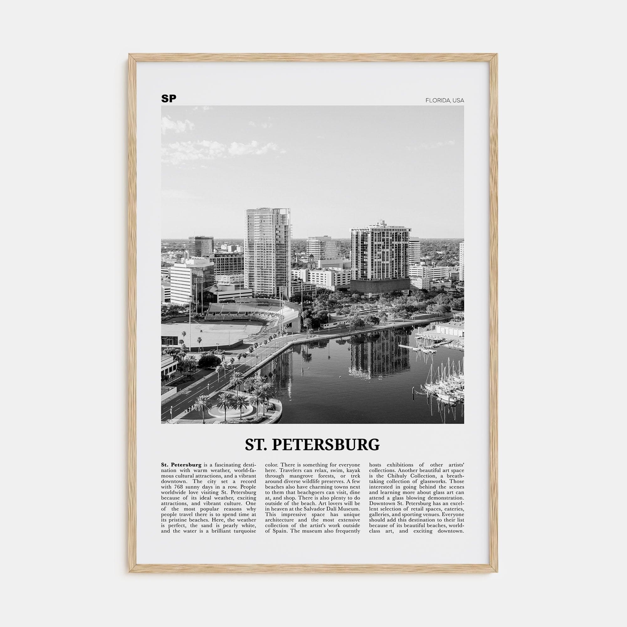 St. Petersburg, Florida No 1 Poster Natural Wood / 8x12 in Nbourhood Travel B&W Poster