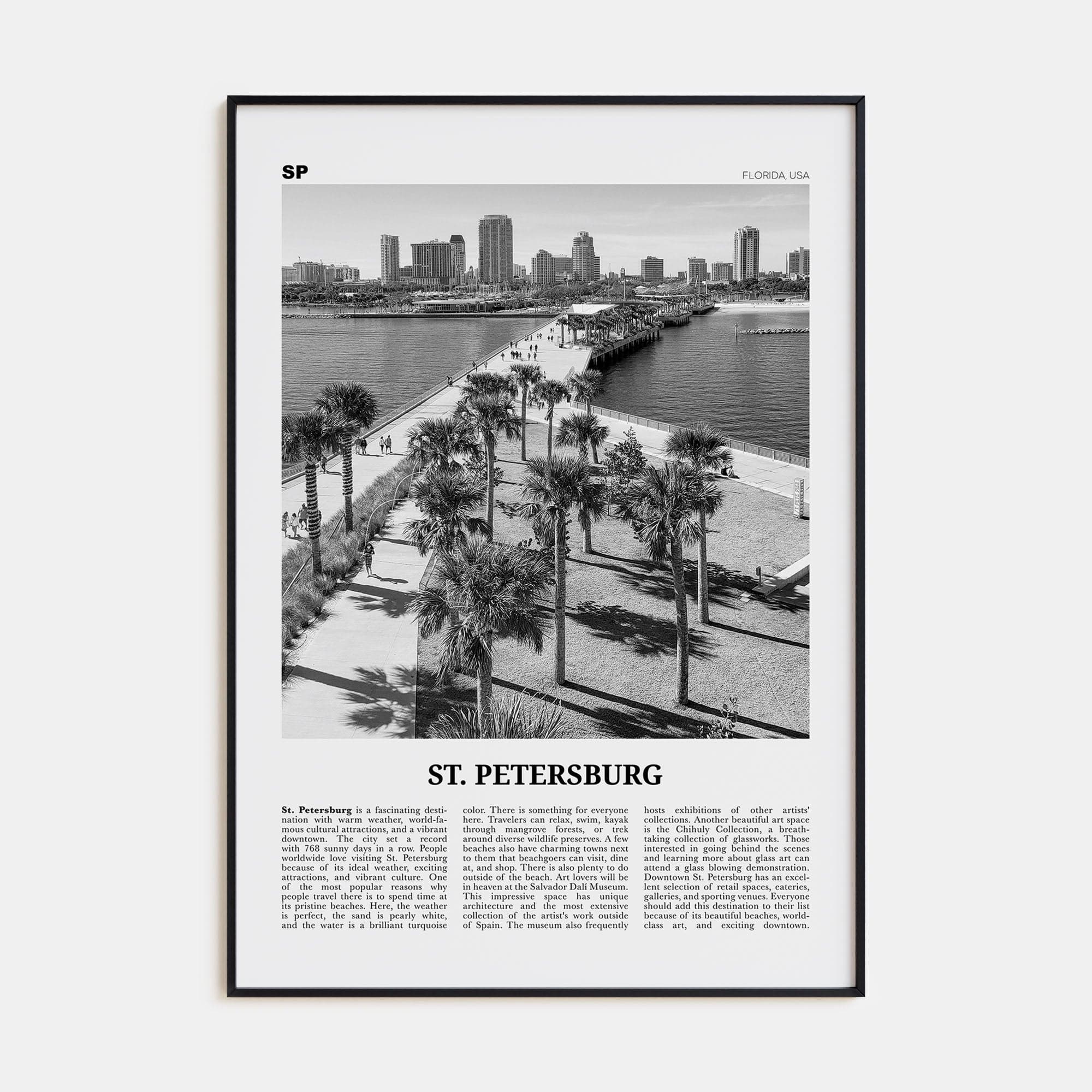 St. Petersburg, Florida No 2 Poster Black Metal / 8x12 in Nbourhood Travel B&W Poster