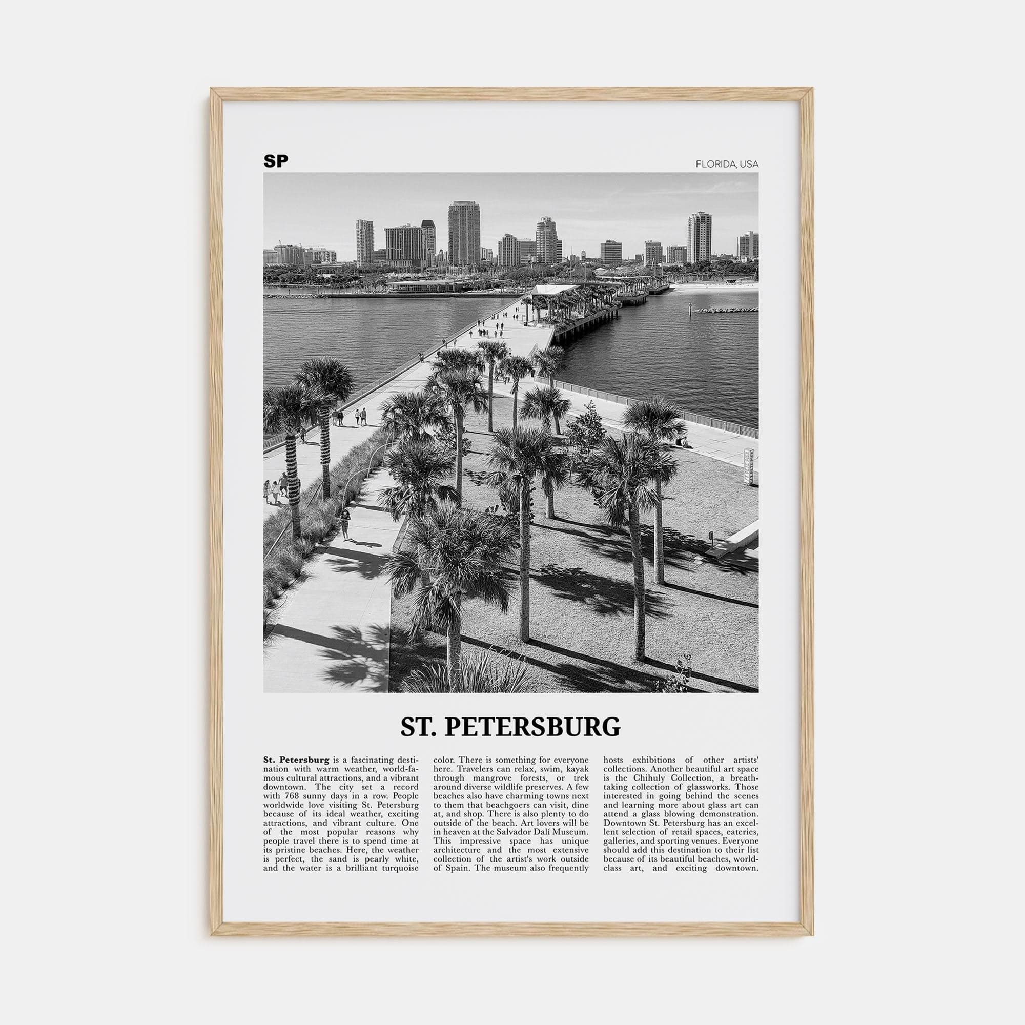 St. Petersburg, Florida No 2 Poster Natural Wood / 8x12 in Nbourhood Travel B&W Poster