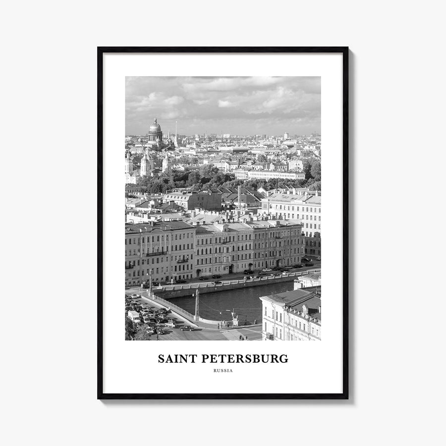 St. Petersburg, Russia black & white classic poster of Russia – vertical wall art, unframed print shown in interior mockup