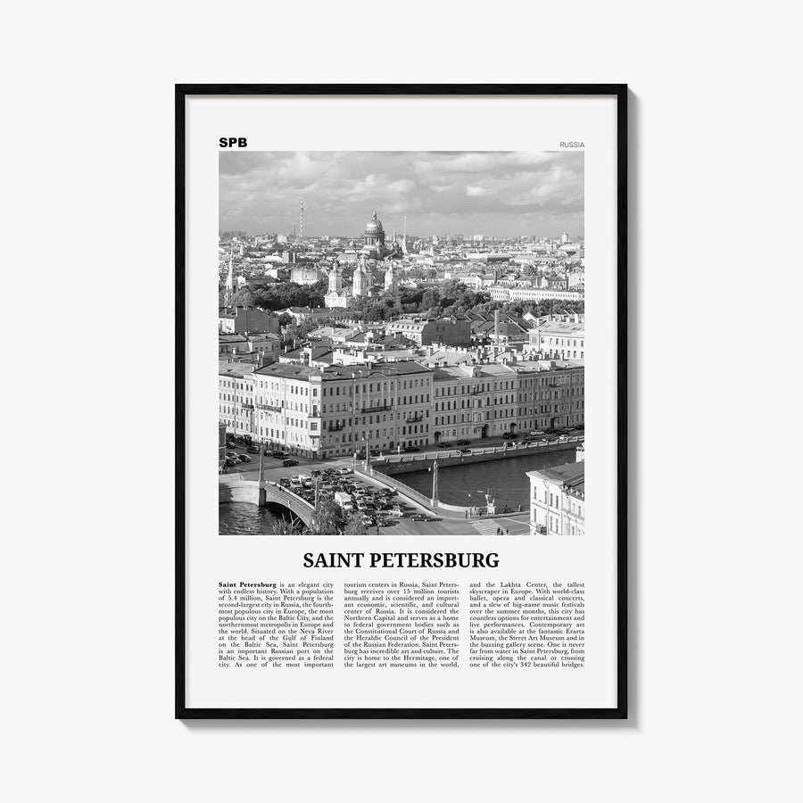 St. Petersburg, Russia black & white newspaper poster of Russia – vertical wall art, unframed print shown in interior mockup