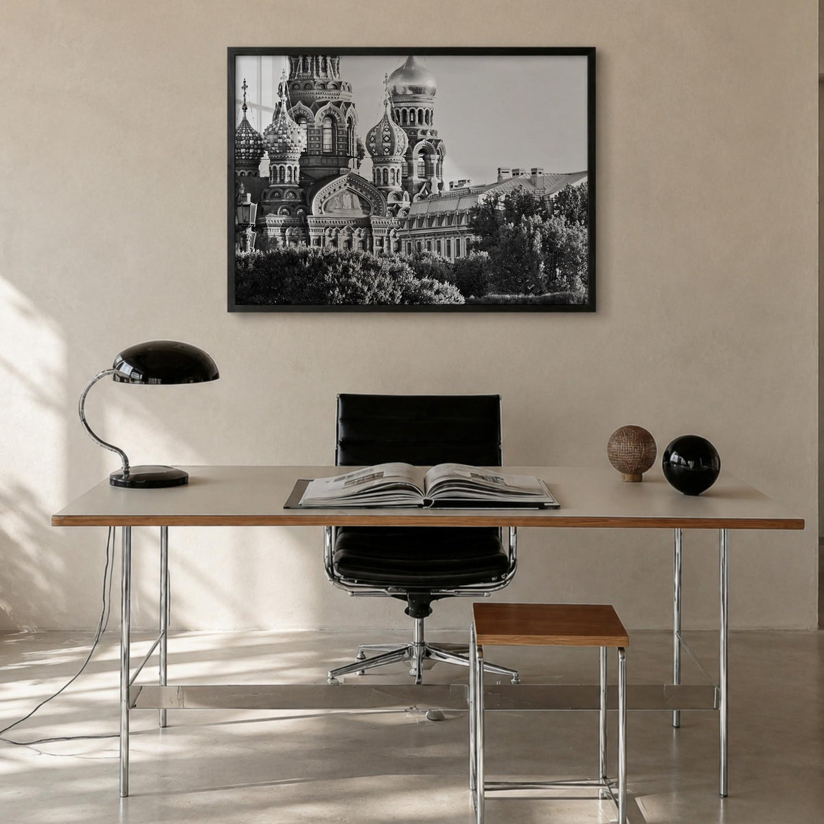 St. Petersburg, Russia black & white photo poster of Russia – horizontal wall art in black wood frame, hanging on wall