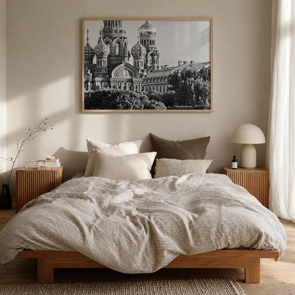 St. Petersburg, Russia black & white photo poster of Russia – horizontal wall art in natural wood frame, hanging on wall