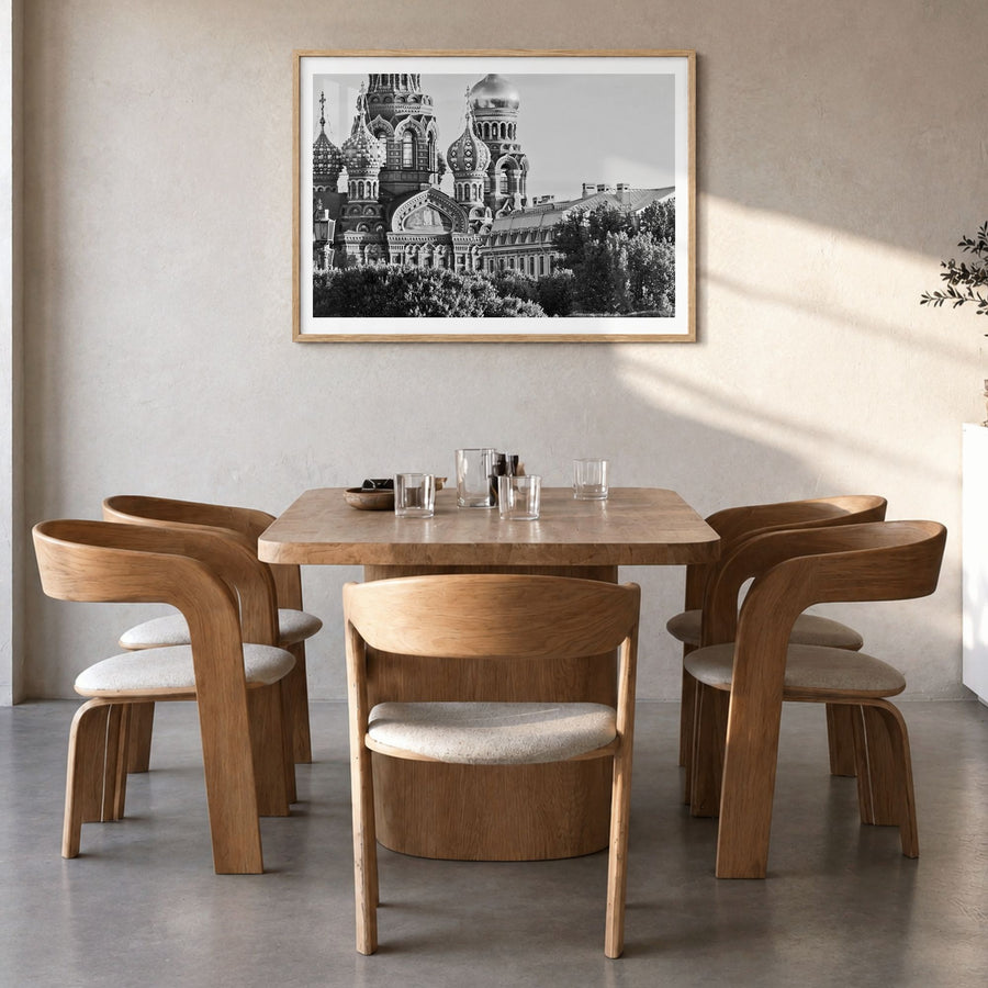 St. Petersburg, Russia Photo Poster in a natural wood frame, hanging in a dining room, white border