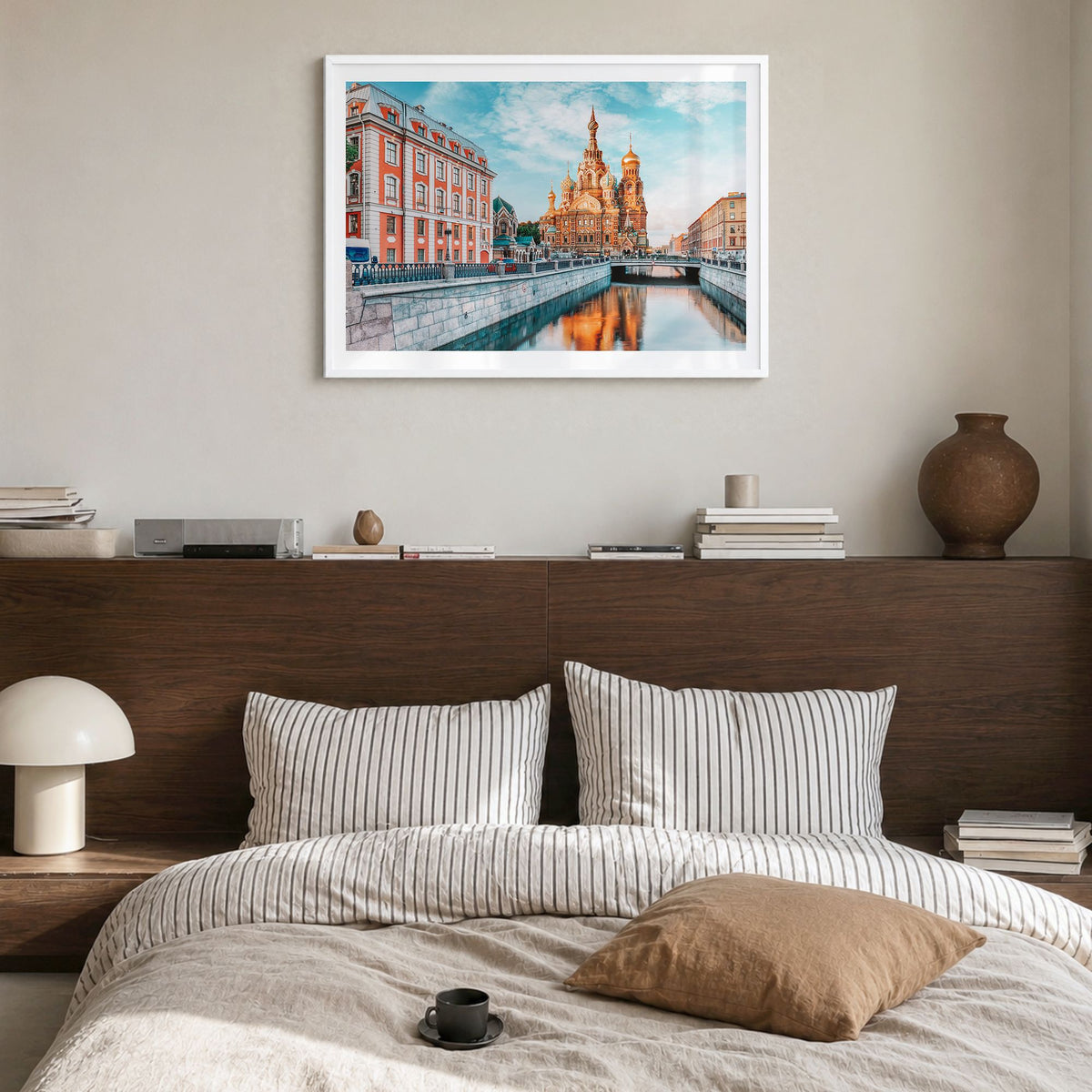St. Petersburg, Russia Photo Poster in a white wood frame, hanging in a bedroom, white border