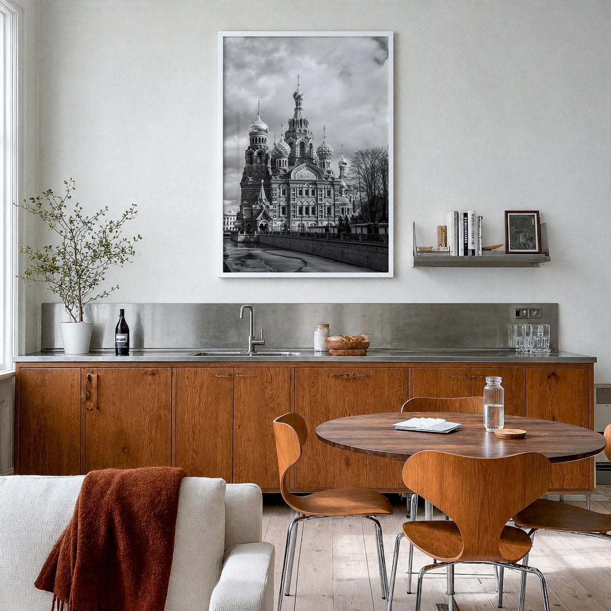 St. Petersburg, Russia no. 3 black & white photo poster of Russia – vertical wall art in white wood frame, hanging on wall