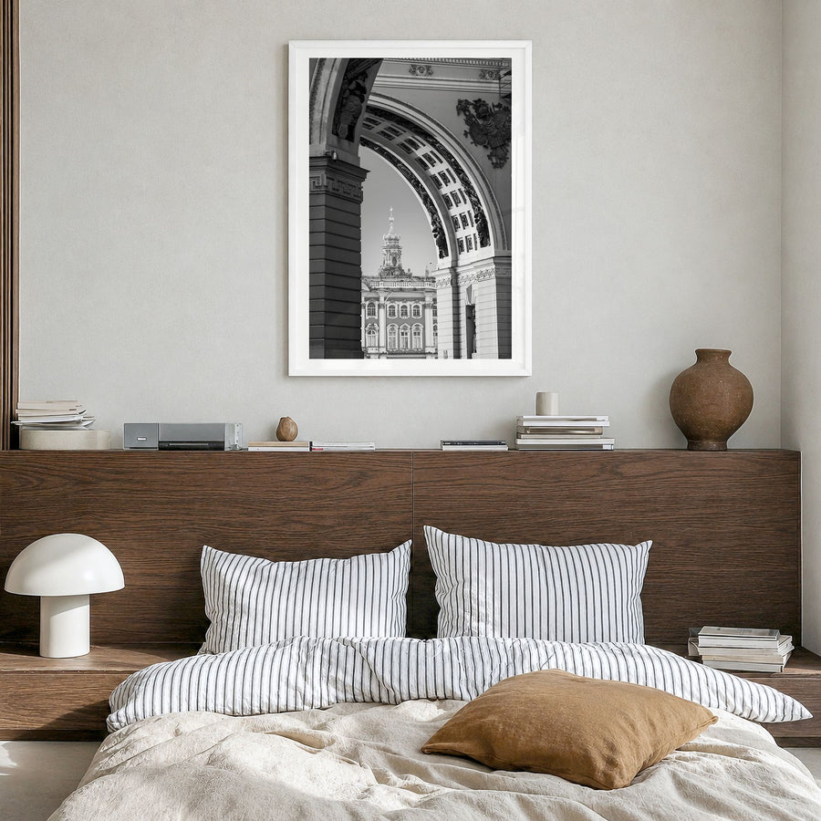 St. Petersburg, Russia Photo No 2 Poster in a white wood frame, hanging in a bedroom, white border