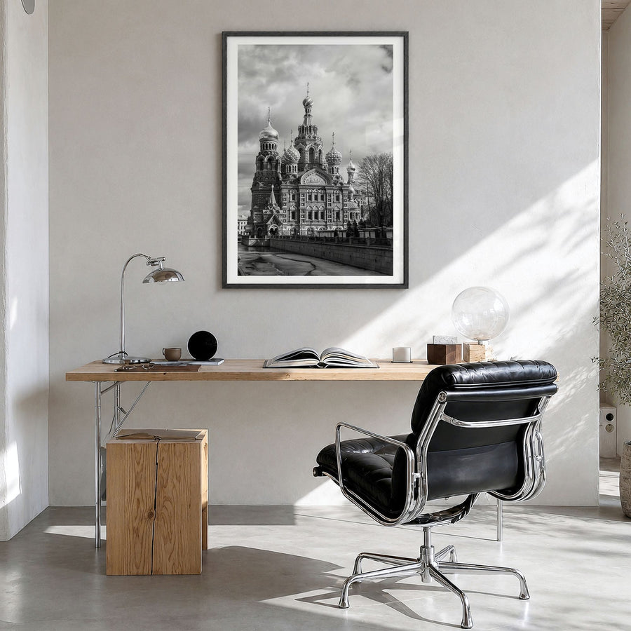 St. Petersburg, Russia Photo No 3 Poster in a black wood frame, hanging in a bright home office, white border