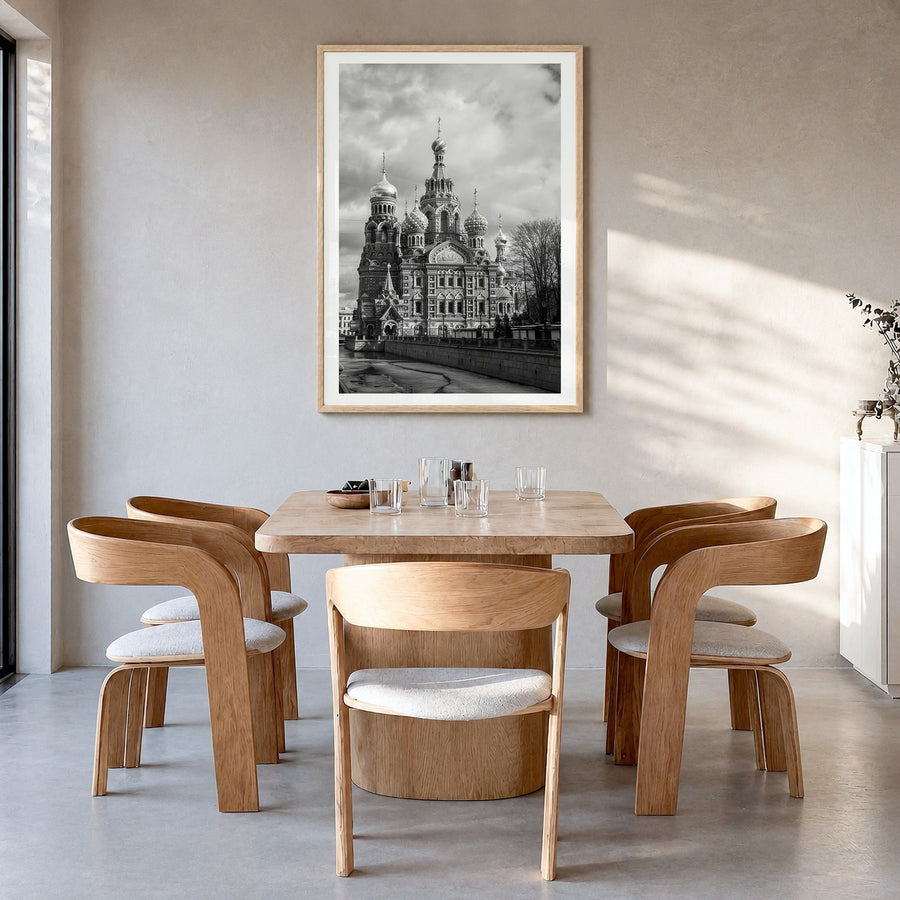 St. Petersburg, Russia Photo No 3 Poster in a natural wood frame, hanging in a dining room, white border